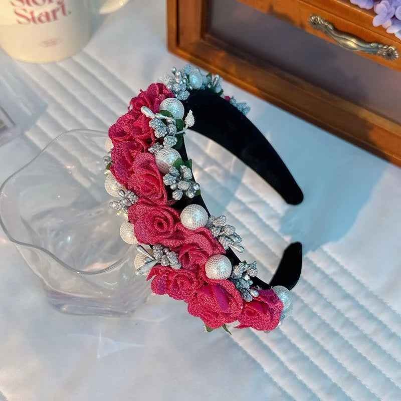 Baroque Pearl Rose Headband Luxury Fabric Flower Hair Band Wedding Party Accessory - Image 3